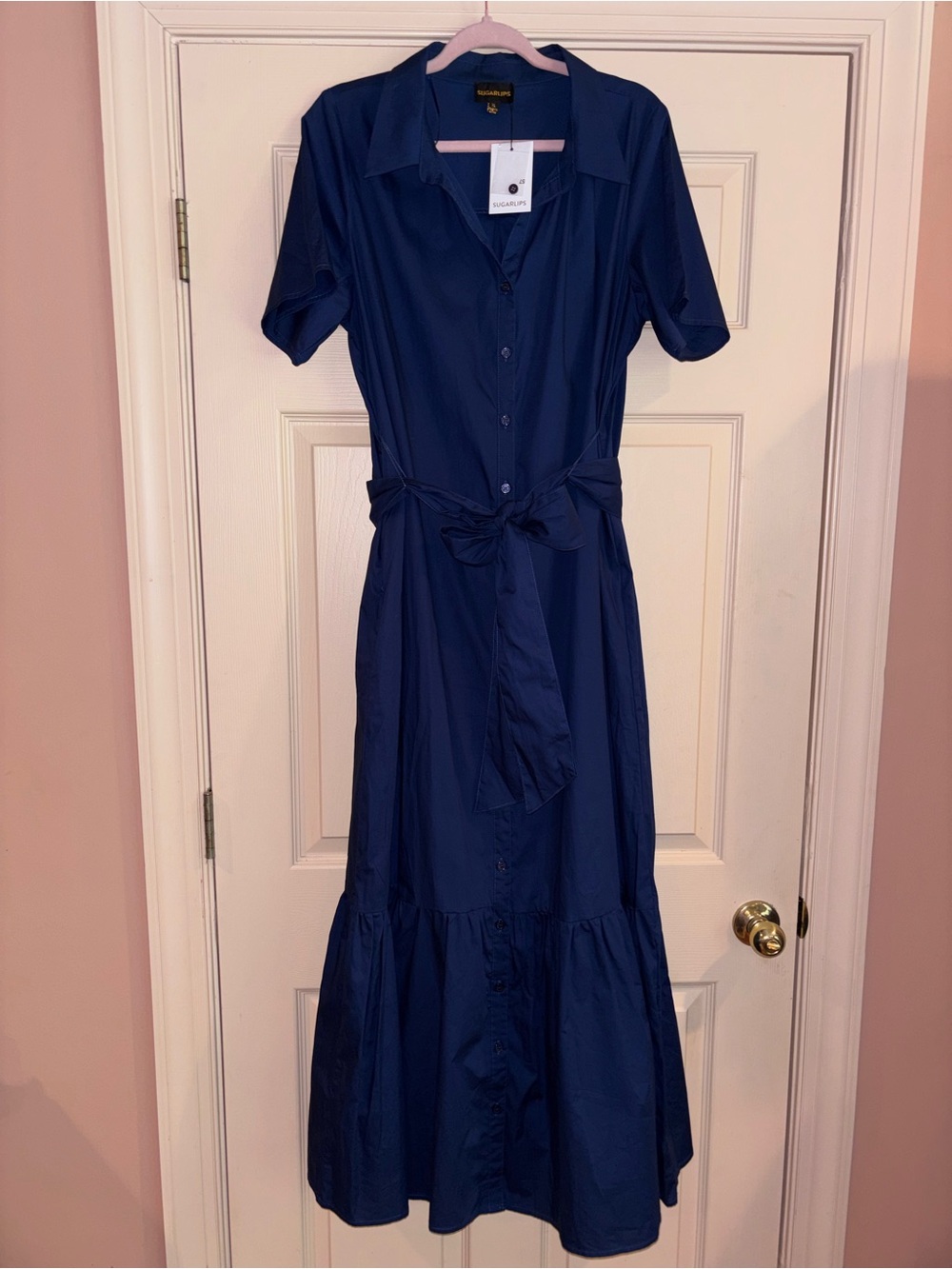 Sugarlips Navy Button-Front Maxi Shirt Dress with Tie Waist